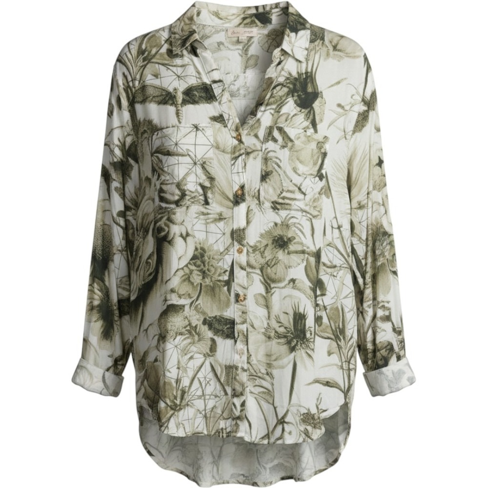 Anthropologie Pilcro Viscose Botanical Moth Print Button Down Shirt Green XL
